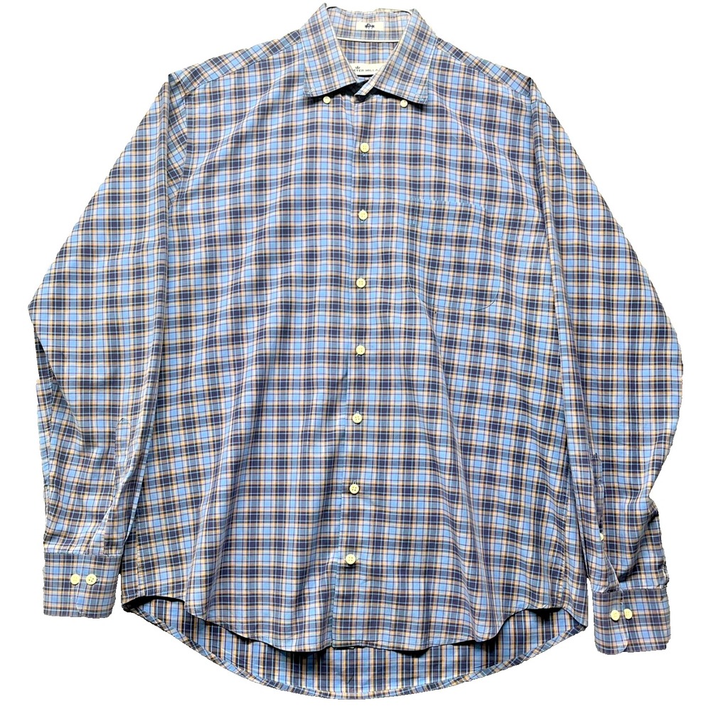 Peter Millar Button Down Shirt Mens Large Blue Orange Plaid Long Sleeve